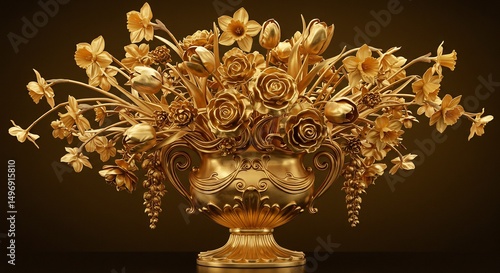黄金の花束 豪華な花瓶に輝く 華麗な光彩. AI Generated