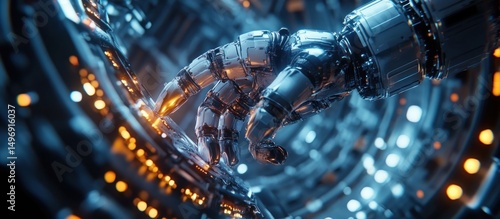 Cybernetic Hand Interacting with Futuristic Technology