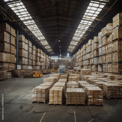 Sunlit Storage Spacious Warehouse with Wooden Pallets and Crates