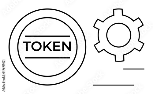 Circular token with text, accompanied by a gear symbol and lines. Ideal for blockchain, cryptocurrency, settings, technology, digital economy, customization, simple landing page