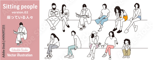 座っている人々のイラスト、座りポーズの人物イラスト、座る人物イラストセット ベクター素材集 Vol.2 (読書/リラックス/シンプル/編集可能) 
