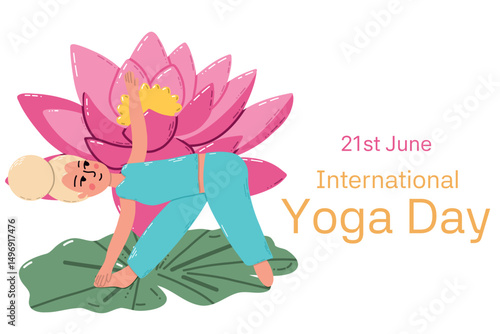 Illustration Celebrating International Yoga Day Featuring a Woman in a Yoga Pose. Cartoon of a woman practicing yoga in front of a lotus flower, marking International Yoga Day on June 21st. 