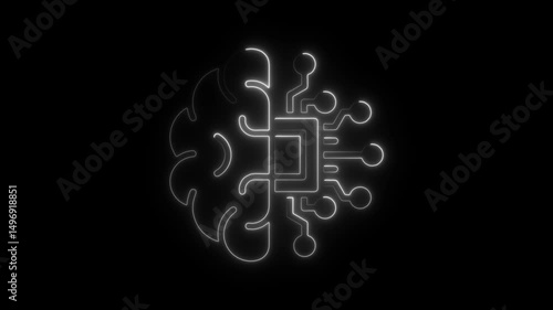 Artificial intelligence concept illustration featuring a brain circuit board in glowing white on a black background