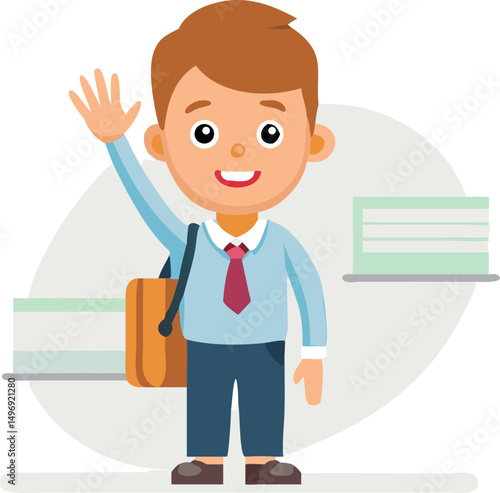 Cartoon illustration of a boy, likely a student, with his arms raised, pointing upward with both index fingers, wearing a light green sweater, light blue pants, and a red backpack.