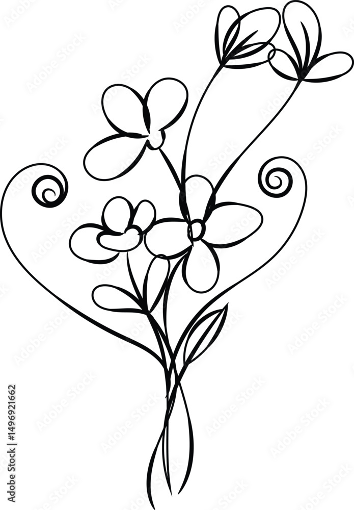 Obraz premium Elegant Black Line Art Floral Bouquet Illustration