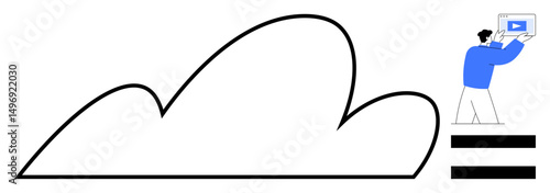 Large cloud outline, user uploading digital file via device. Ideal for tech, innovation, teamwork, cloud computing, data management, media storage, simple landing page