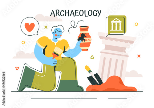 Archaeology Vector Illustration featuring an Archaeological Excavation of Ancient Ruins, Historical Artifacts, and Dinosaur Fossils in a Background