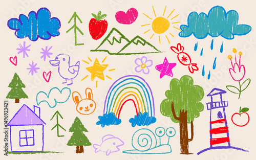 Crayon kid drawings - adorable colorful children doodles of clouds and rainbows, mountains and trees, fruits and animals, flowers and sun. Cute chalk art elements for child design or decoration.