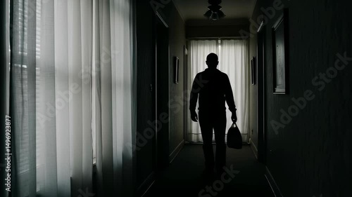 Wallpaper Mural Horror Shadowy Figure Walking Down a Dimly Lit Hallway Creating a Sinister Mood Torontodigital.ca