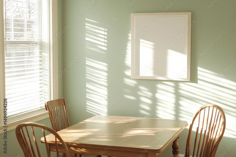 Fototapeta premium Sunlit dining nook with wooden table and chairs