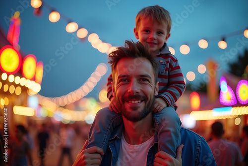 A Father Carrying His Child on His Shoulders at a Festive Carnival, Surrounded by Bright Lights, Joyful Faces, and a Wholesome Family Atmosphere, AI-generated