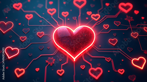 Glowing Heart with Radiating Lines and Red Hearts on Dark Background