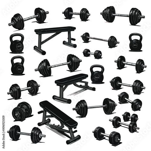 Collection of weightlifting equipment dumbbells barbells kettlebells and weight benches