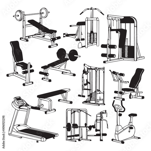 Collection of fitness equipment illustrations black and white gym icons