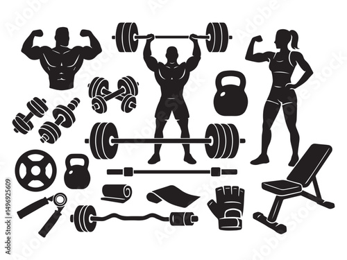 Fitness and weightlifting equipment icons set man woman silhouette
