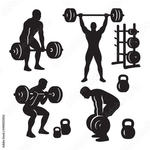 Silhouette illustrations of men weightlifting and kettlebells