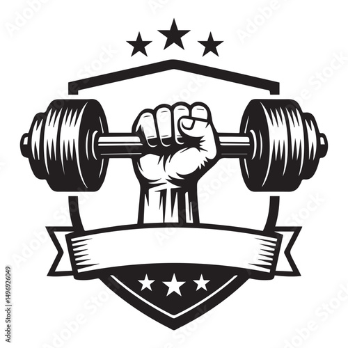 Strong hand holding dumbbell weightlifting vintage emblem design