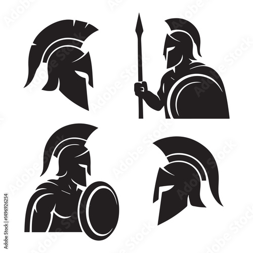 Spartan warrior silhouettes set helmet shield spear profile views