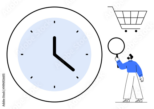 Large clock face, shopping cart, person holding magnifying glass. Ideal for time management, online shopping, e-commerce, search efficiency, productivity, marketing simple landing page
