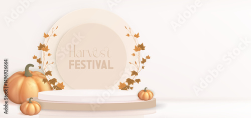 Thanksgiving autumn festival podium composition - realistic orange pumpkins, circular beige pedestal and ivy leaf branch. Minimal elegant design for seasonal holiday celebrations and festive events.