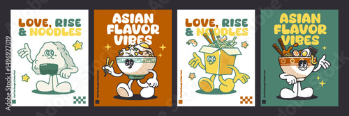 Asian flavor vibes banner set - retro ramen cup, rice with vegetables bowl, noodle dish and onigiri characters with legs and arms. Happy kawaii Japanese food meals mascots in different poses on poster