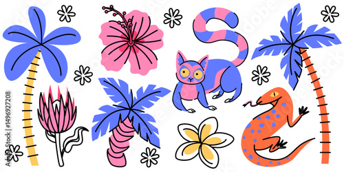 Retro tropical sticker set - hibiscus and plumeria flowers, palm trees, lemur and gecko illustrations. Funky vintage colorful floral doodles for summer vibes decorations, scrapbooking projects.
