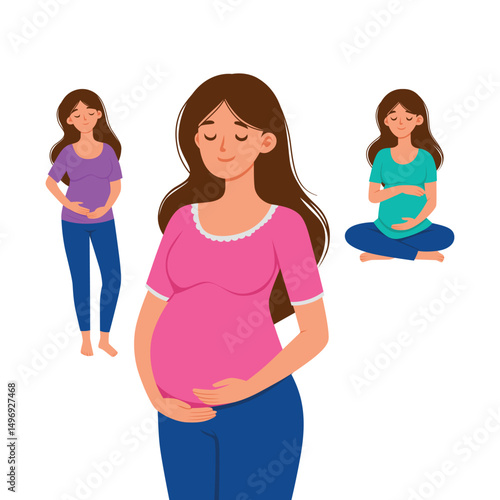 set of pregnant woman holding her belly with hands vector flat illustration