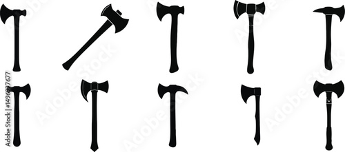 Vector Silhouette Set of Axe Icons – Isolated on Transparent or White Background