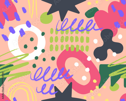 Abstract doodle shapes, seamless pattern. Modern endless texture design with hand-drawn elements, scribbles, dots. Repeating print, background for trendy textile, wrapping. Flat vector illustration