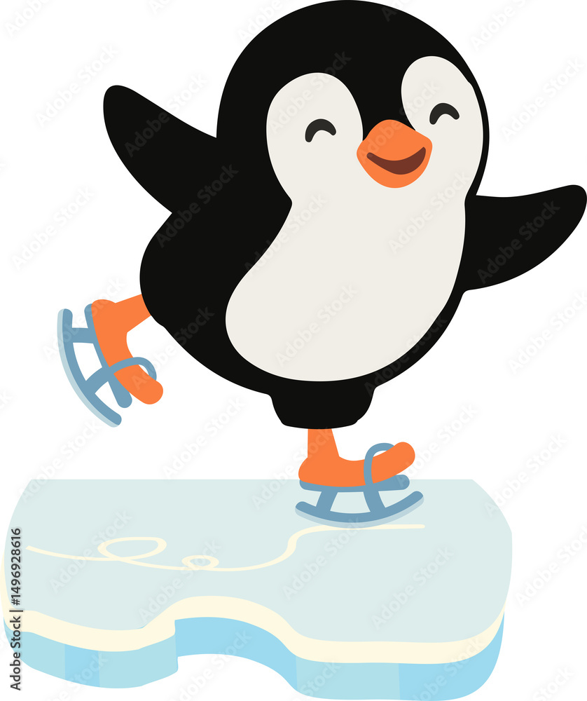 Fototapeta premium Cartoon Penguin Ice Skating Illustration