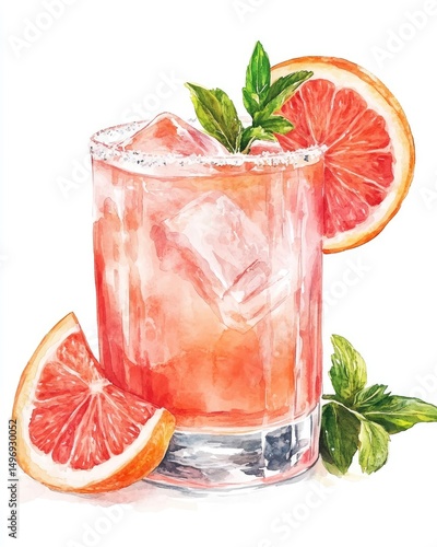 Watercolor illustration of a grapefruit cocktail