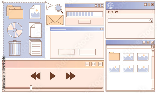 Retro user interface layout kit - vintage web page components, navigation elements, buttons and image placeholders, form fields and progress bars. 90s style website design mockups collection.
