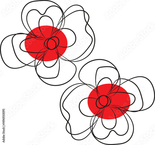 Abstract minimalist line art floral design with red centers
