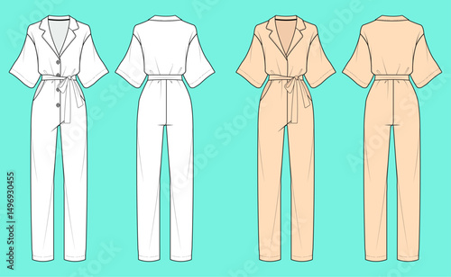 Ladies Drop Shoulder Kimono Sleeve Jumpsuit fashion flat sketch CAD mockup front and back views.