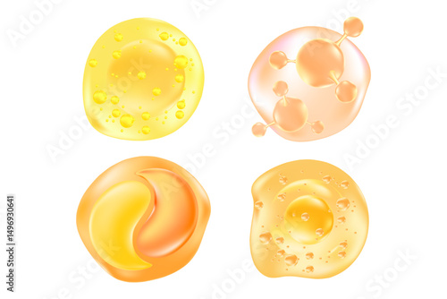 Yellow, beige cosmetic molecules icon set, hyaluronic acid, collagen, vector cosmetology ingredient isolated elements. Beauty serum skin care oil, moisture hydro gel, anti age cream