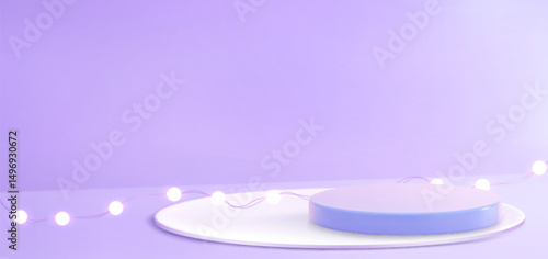 Bright spherical light bulbs garland illuminating purple round podium stage - glowing white orbs string on soft violet background. Minimalist 3d product display platform with luminous decor.
