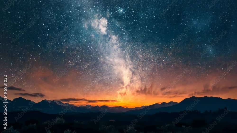 Majestic sunset with vibrant sky and Milky Way galaxy visible above silhouetted mountains Majestic sunset with vibrant sky and Milky Way galaxy visible above silhouetted mountains