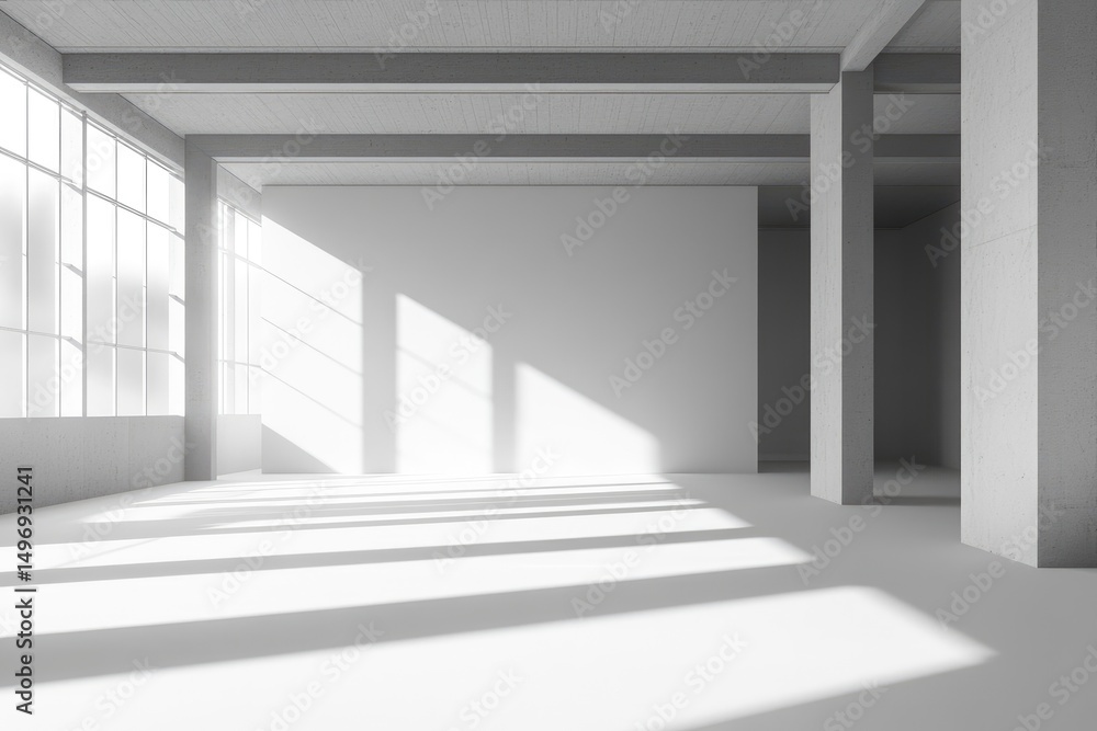Obraz premium Empty, bright, minimalist interior with large windows and strong shadows