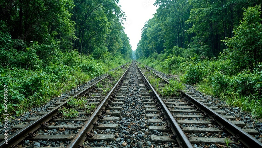 Fototapeta premium Rusty tracks diverge in overgrown forest