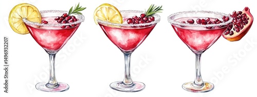 Three watercolor cocktails with pomegranate and lemon garnishes