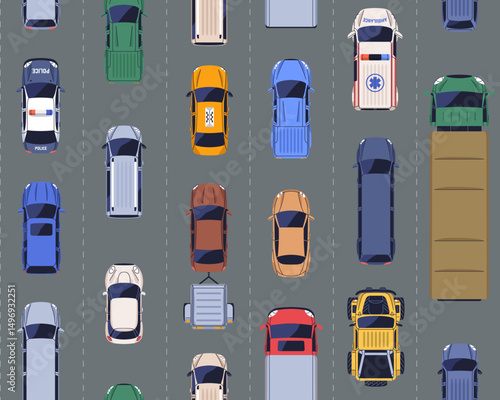 Traffic pattern, top down view. Seamless background design with cars, trucks driving on busy multi-lane street, transport, vehicles on road, congestion. Flat vector illustration for textile, fabric