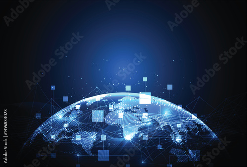 Abstract global blockchain network connection on technology background. Big data of business design. Vector illustration