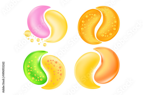 Cute cosmetic molecules icon set, hyaluronic acid, collagen eye patches, vector cosmetology isolated elements. Beauty serum swatches, skin care oil droplet, hydro gel texture, moisture anti age cream