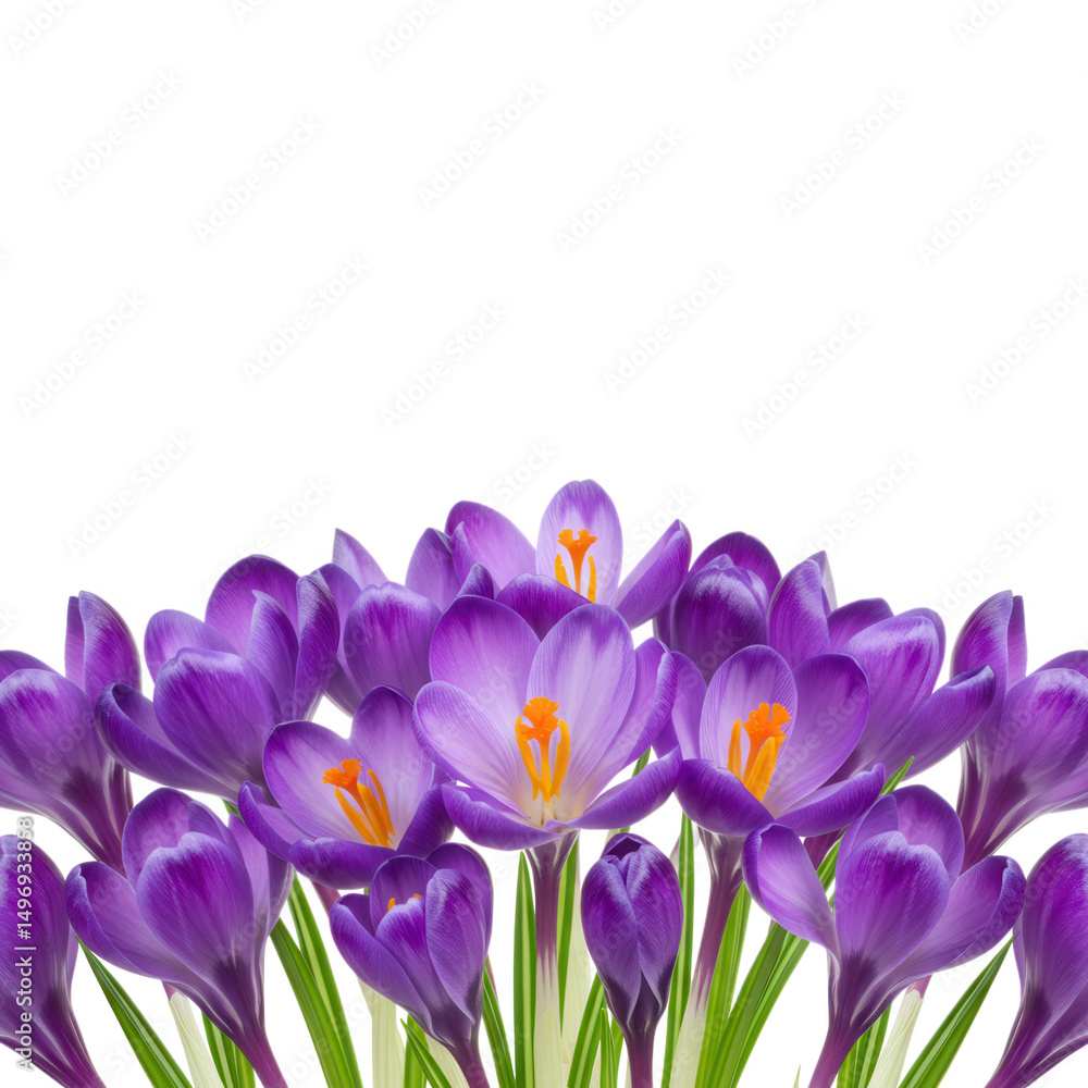 Vibrant purple crocus flowers border isolated on transparent background Vibrant purple crocus flowers border isolated on transparent background