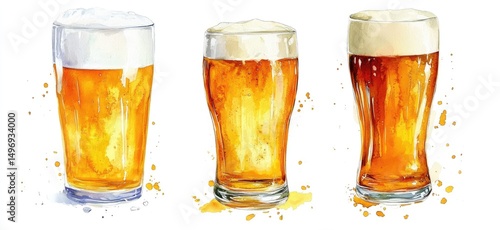 Watercolor illustration of three glasses of beer