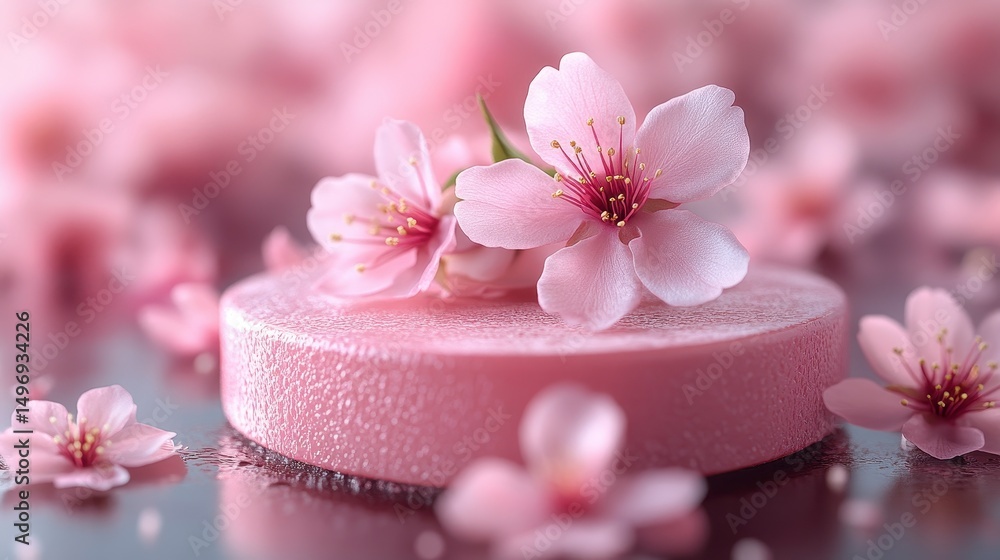Pink flowers bloom on a round surface, creating a soft, dreamy, and romantic atmosphere Pink flowers bloom on a round surface, creating a soft, dreamy, and romantic atmosphere