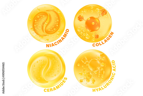 Yellow, gold cosmetic molecules icon set, niacinamid, ceramides, hyaluronic acid, collagen, vector cosmetology ingredient isolated elements. Beauty serum skin care hydro gel, moisture anti age cream