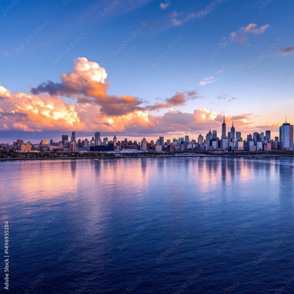 Fototapeta premium New york city skyline reflecting at sunset with dramatic clouds