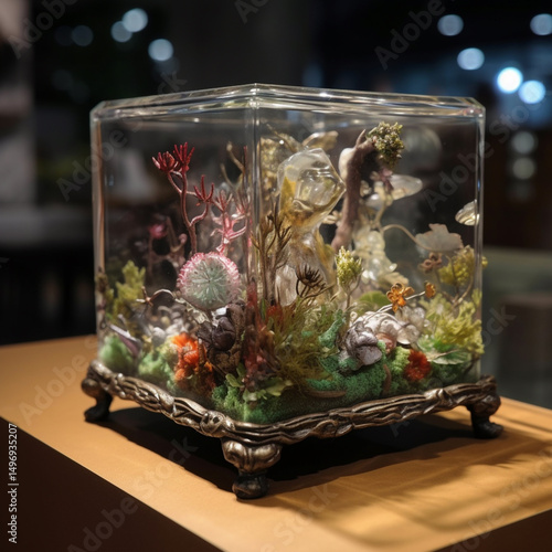 Vibrant Glass Terrarium Artistic Artificial Plants on Wood