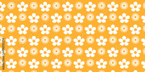 abstract seamless patterns poster, card, banner, with vintage groovy daisy flowers. Retro floral pastel colours background surface design, textile, stationery, wrapping paper, covers. 70s, 80s style